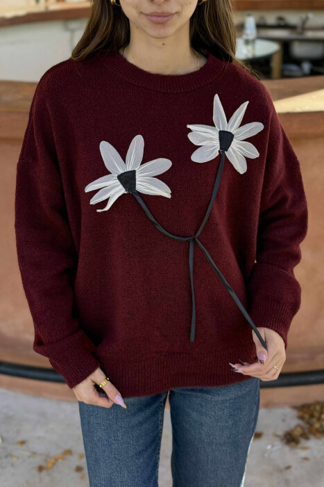 FLOWER DESIGN WOMEN SWEATER BURGUNDY/VISHNJE - 4