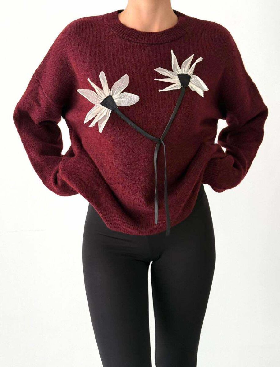 FLOWER DESIGN WOMEN SWEATER BURGUNDY/VISHNJE - 1