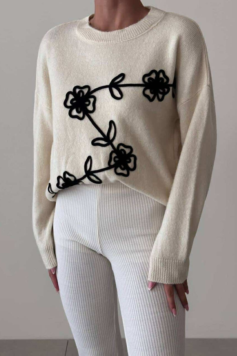 FLOWER DESIGN WOMEN SWEATER CREAM/KREM - 2