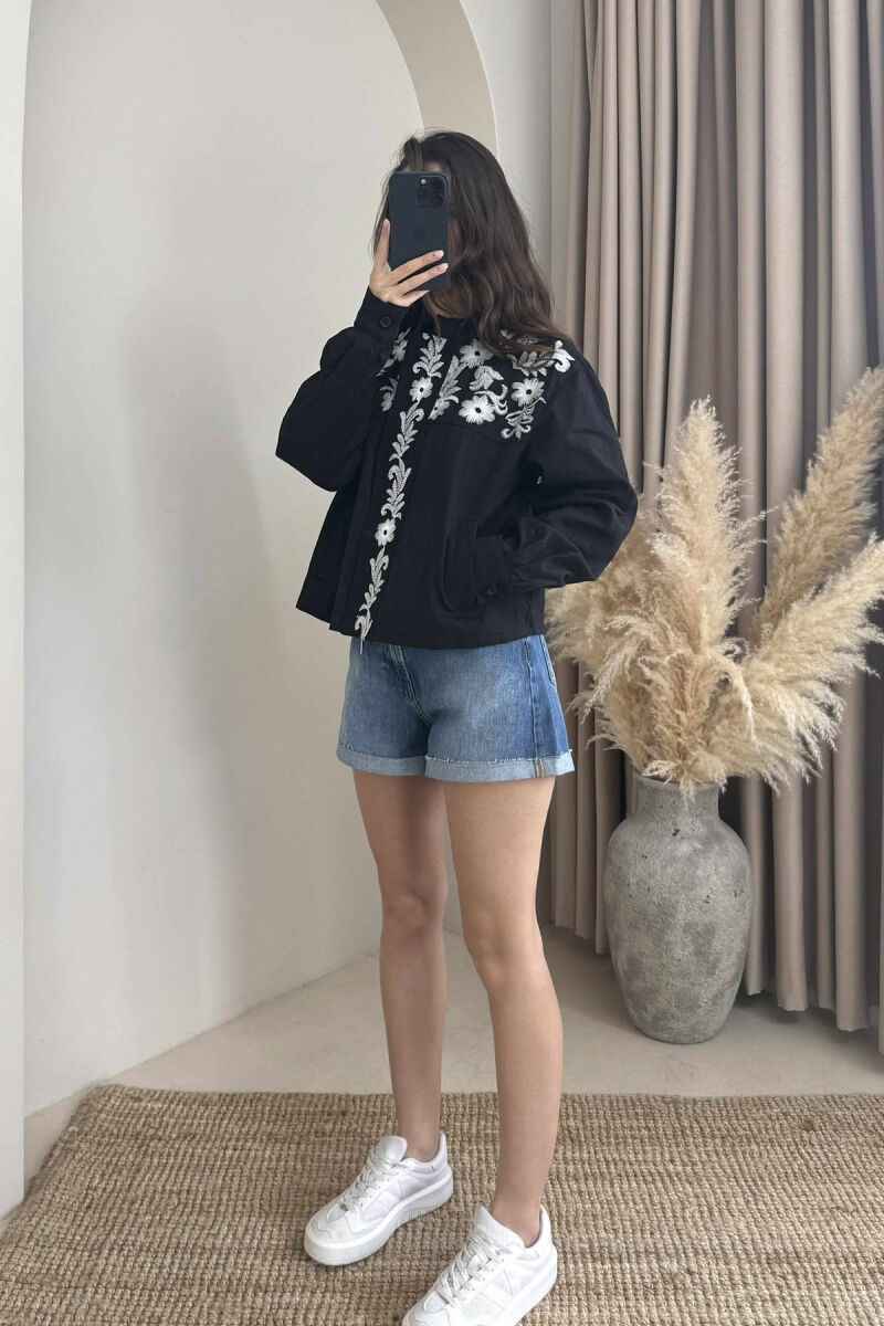 FLOWER DESIGN ZIPPER WOMEN JACKET BLACK/ E ZEZE - 2