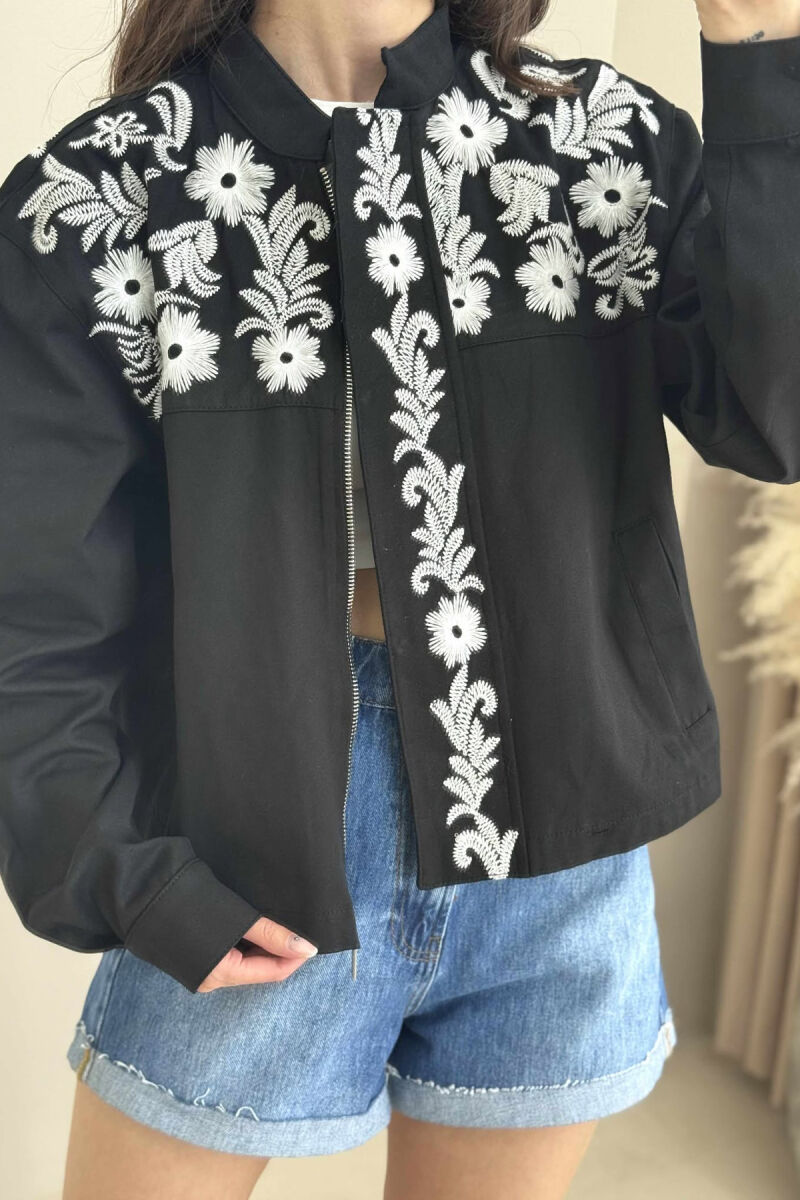 FLOWER DESIGN ZIPPER WOMEN JACKET BLACK/ E ZEZE - 4