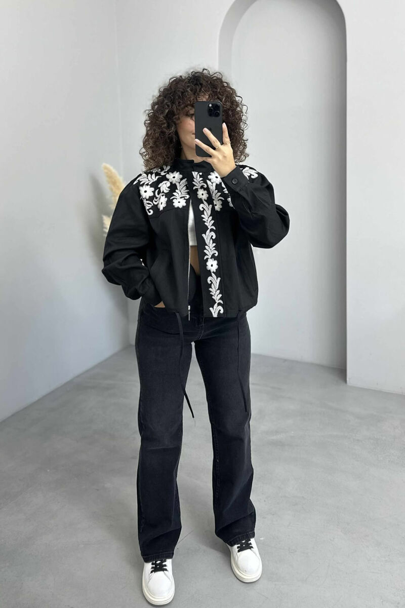 FLOWER DESIGN ZIPPER WOMEN JACKET BLACK/ E ZEZE - 1