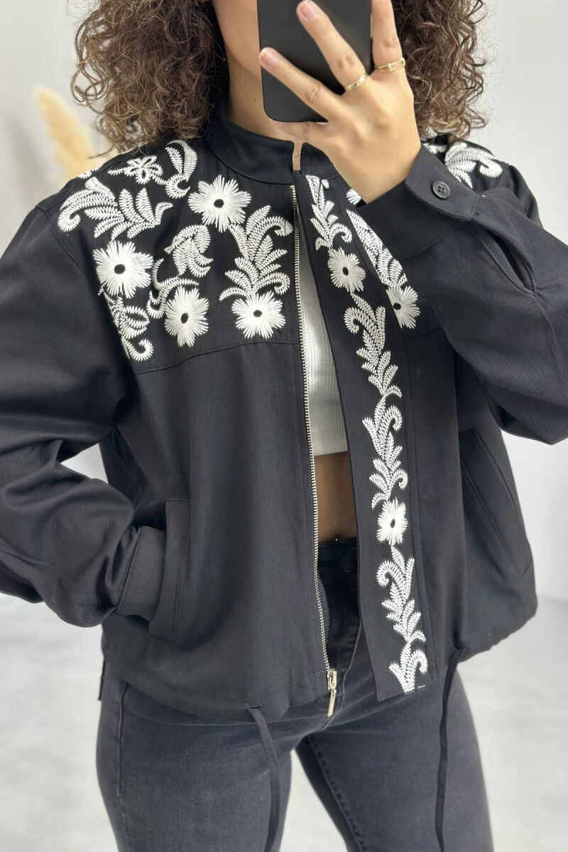 FLOWER DESIGN ZIPPER WOMEN JACKET BLACK/ E ZEZE - 3