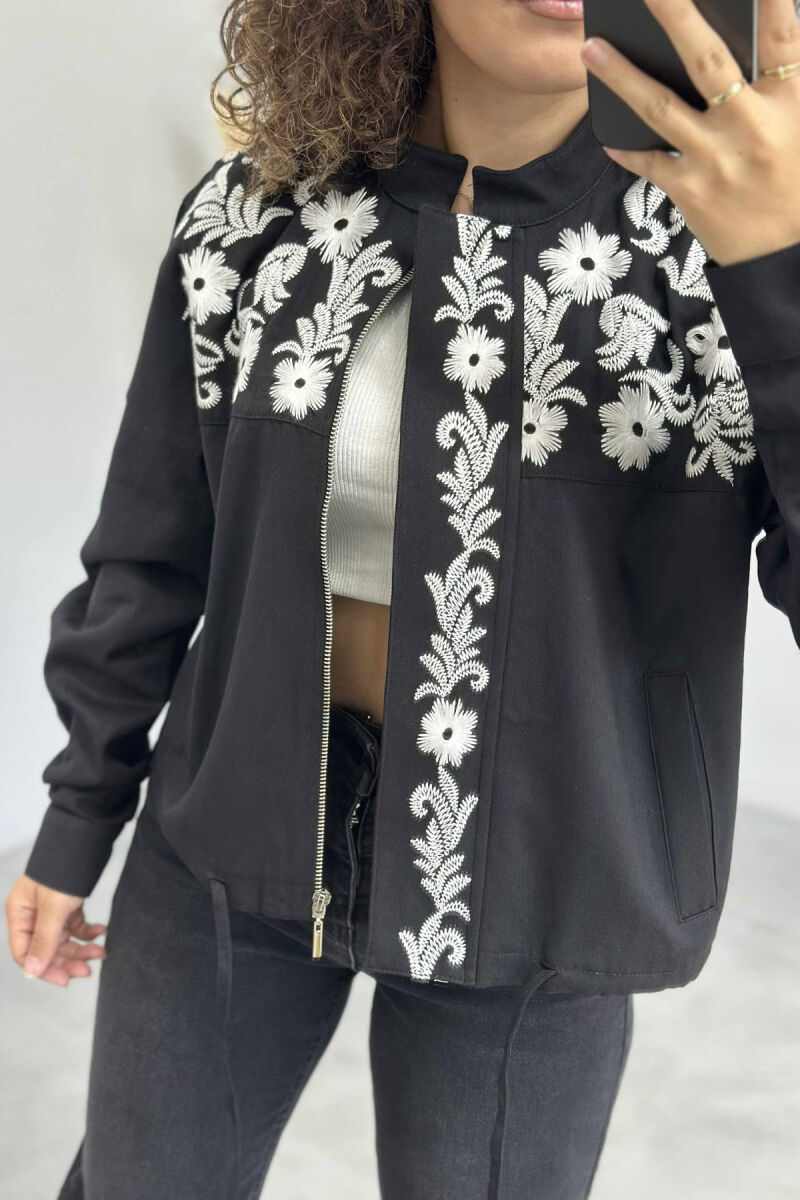 FLOWER DESIGN ZIPPER WOMEN JACKET BLACK/ E ZEZE - 6