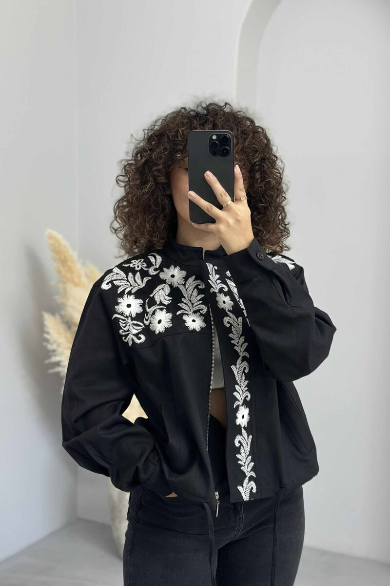 FLOWER DESIGN ZIPPER WOMEN JACKET BLACK/ E ZEZE - 2
