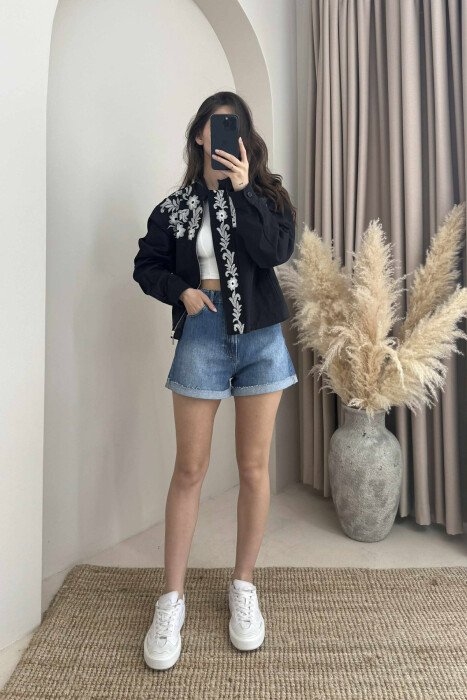 FLOWER DESIGN ZIPPER WOMEN JACKET BLACK/ E ZEZE 