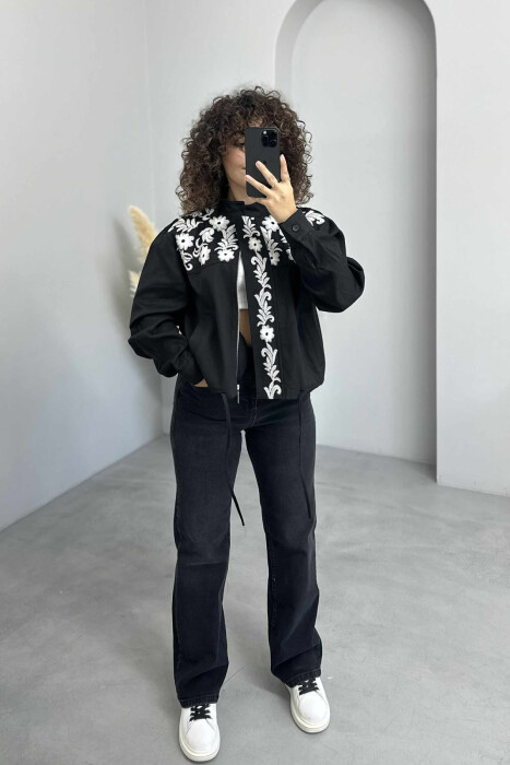 FLOWER DESIGN ZIPPER WOMEN JACKET BLACK/ E ZEZE 