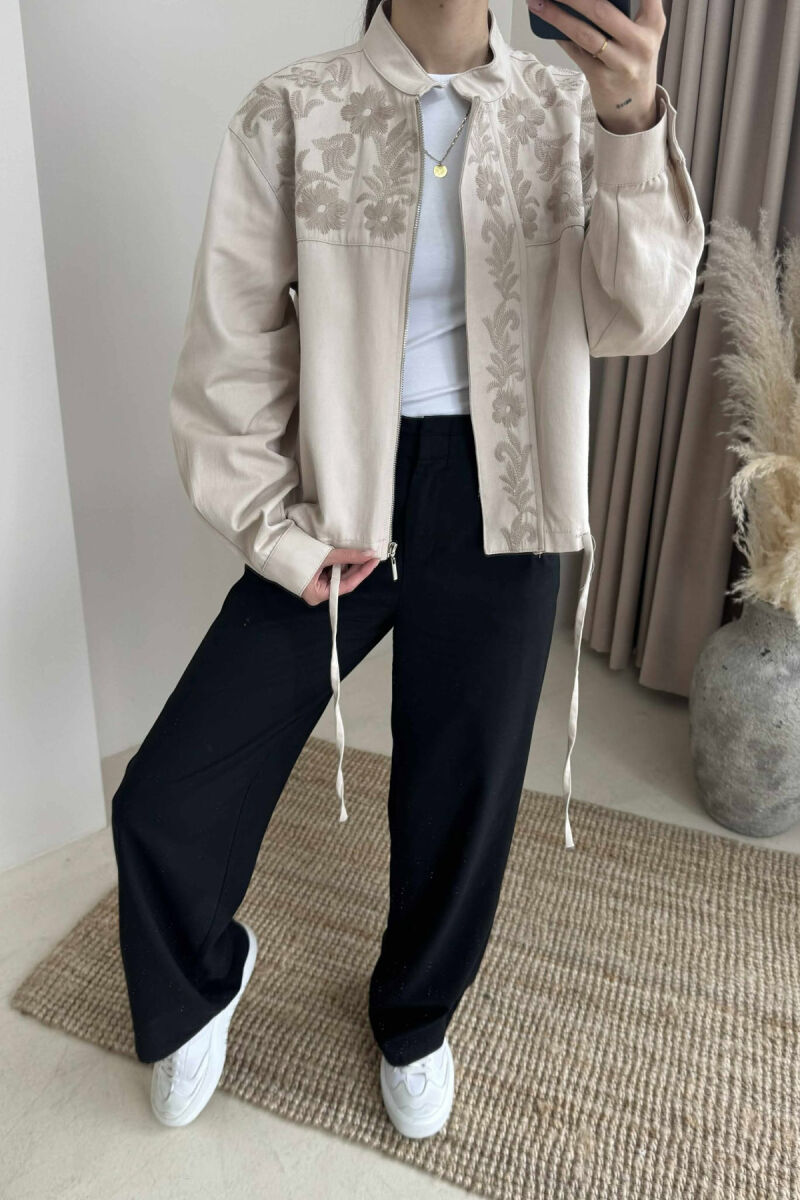 FLOWER DESIGN ZIPPER WOMEN JACKET CREAM/KREM - 3