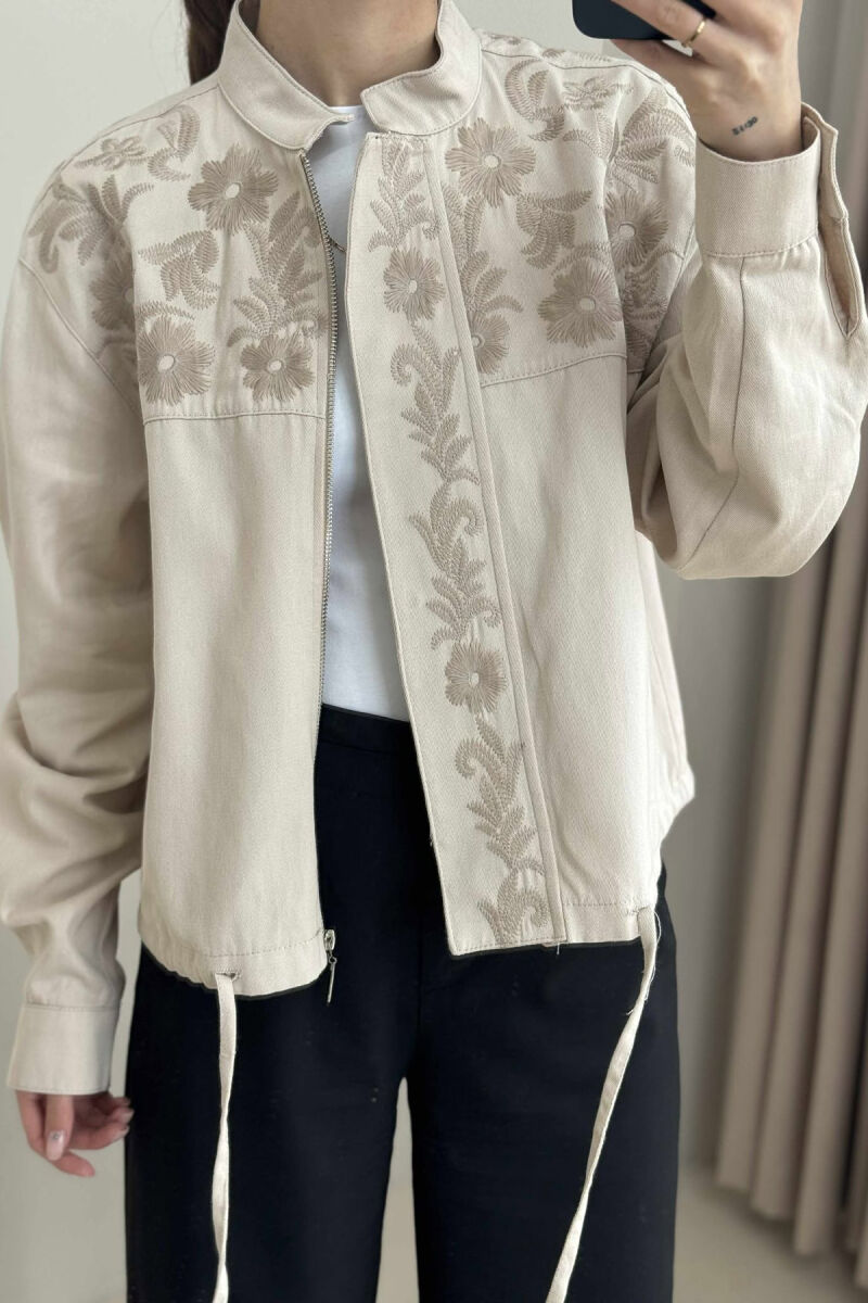 FLOWER DESIGN ZIPPER WOMEN JACKET CREAM/KREM - 4