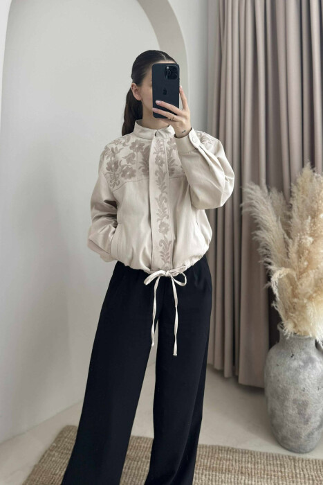 FLOWER DESIGN ZIPPER WOMEN JACKET CREAM/KREM - 5