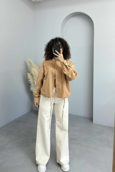 FLOWER DESIGN ZIPPER WOMEN JACKET LIGHT BROWN/KAZB 