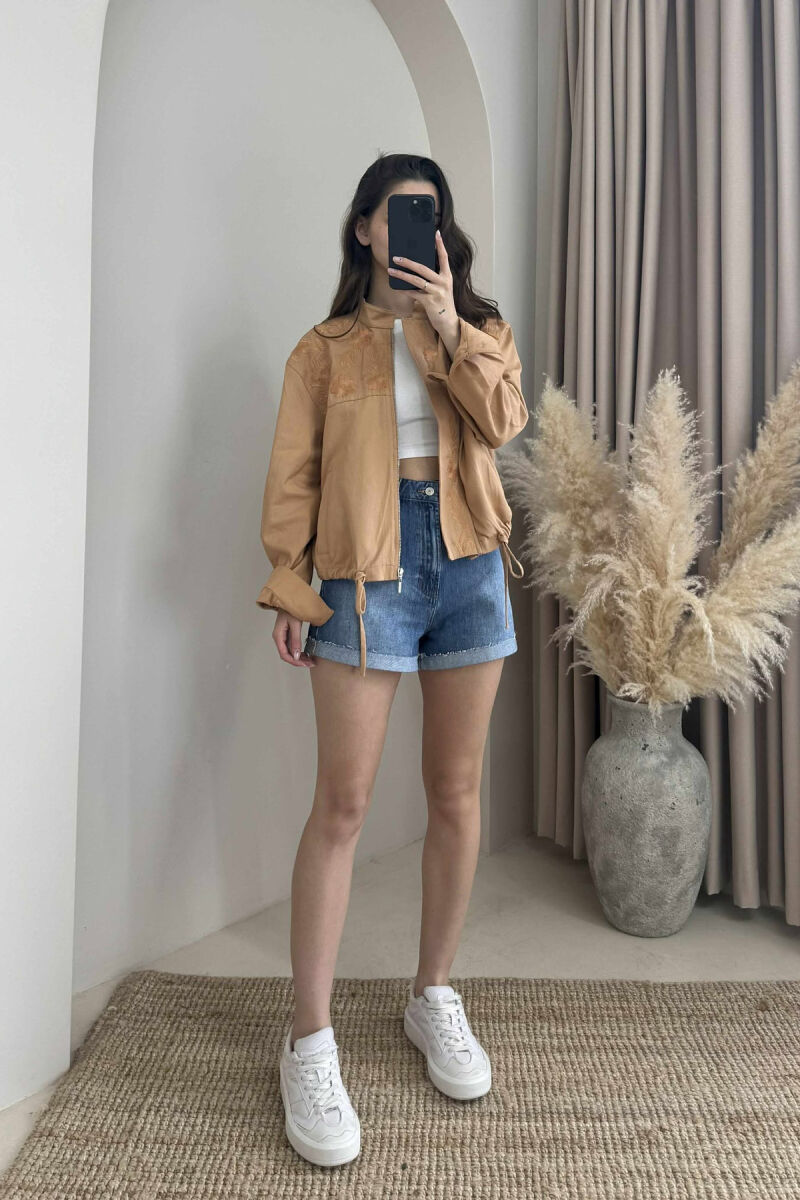 FLOWER DESIGN ZIPPER WOMEN JACKET LIGHT BROWN/KAZB - 1