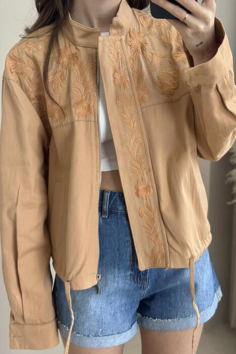 FLOWER DESIGN ZIPPER WOMEN JACKET LIGHT BROWN/KAZB - 2