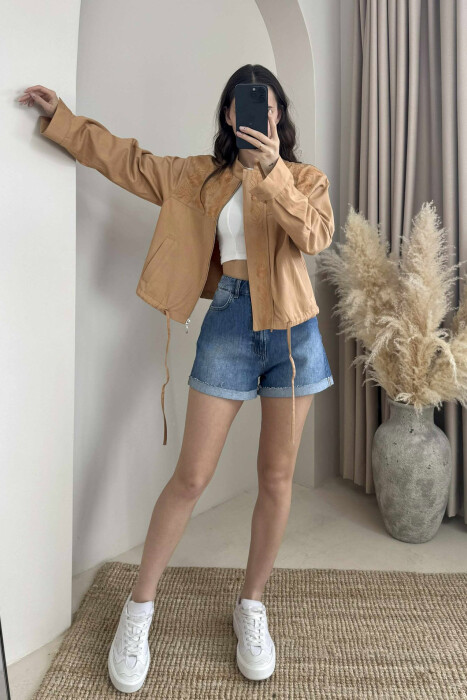 FLOWER DESIGN ZIPPER WOMEN JACKET LIGHT BROWN/KAZB - 4