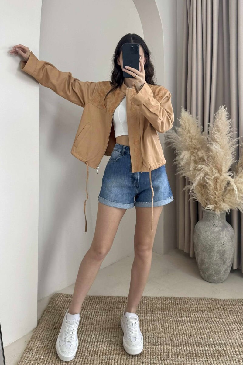 FLOWER DESIGN ZIPPER WOMEN JACKET LIGHT BROWN/KAZB - 4