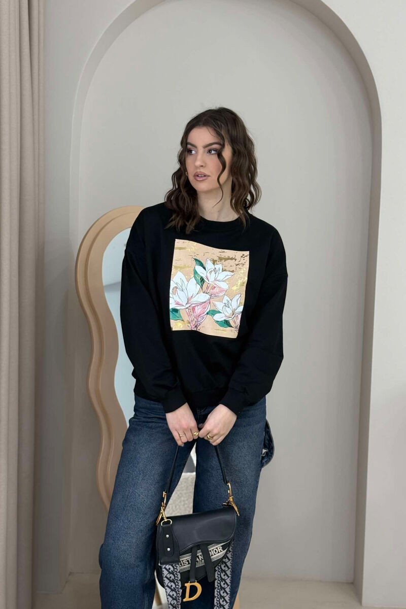 FLOWER IMAGE WOMEN SWEATSHIRT BLACK/ E ZEZE - 2