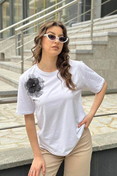 FLOWER ONE COLOR COTTON WOMAN T-SHIRT WHITE-E BARDHE - 3