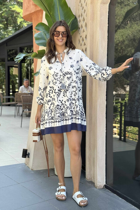 FLOWERS DESIGN HALF SLEEVE SHORT WOMEN DRESS CREAM/KREM - 3
