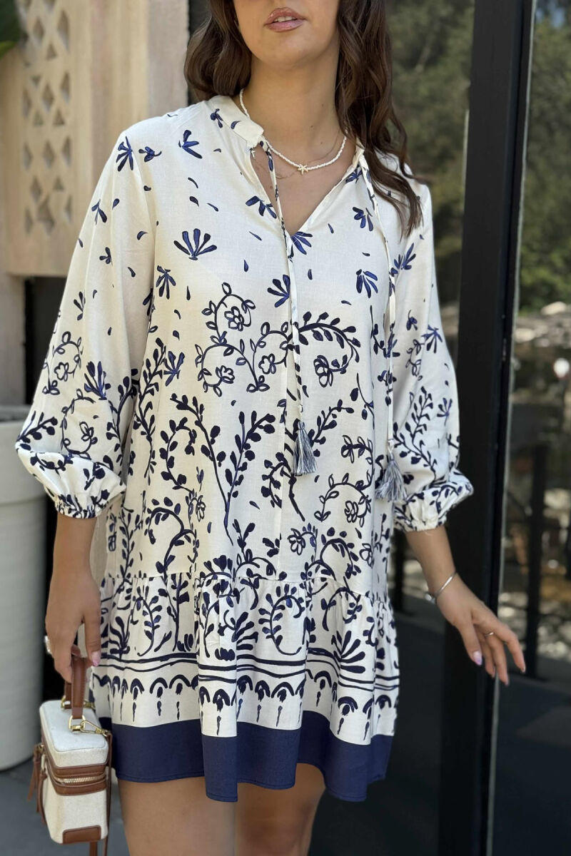 FLOWERS DESIGN HALF SLEEVE SHORT WOMEN DRESS CREAM/KREM - 5