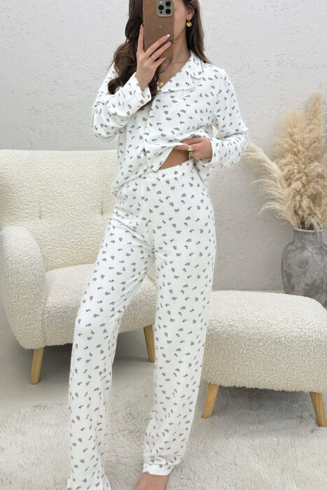 FLOWERS DESIGN SHIRT+TROUSERS WOMEN PYJAMAS WHITE-E BARDHE - KLAUDIO FASHION