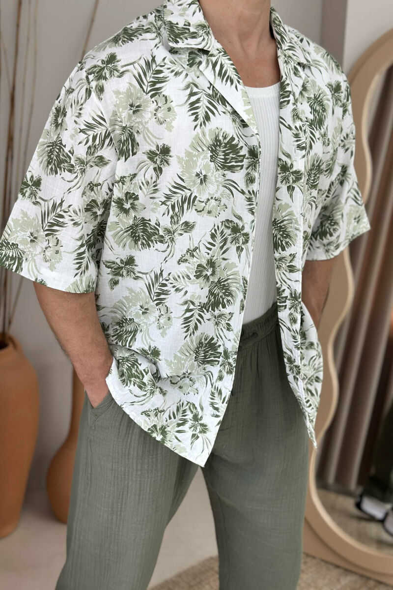 FLOWERS DESIGN SHORT SLEEVES MEN SHIRT GREEN/JESHILE - 2