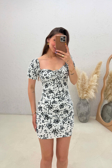 FLOWERS DESIGN SHORT WOMAN DRESS WHITE-E BARDHE - 4