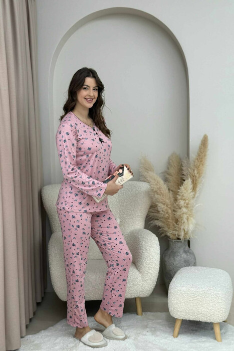 FLOWERS DESIGN SWEATSHIRT+TROUSERS WOMEN PYJAMAS POWDER/PUDER - KLAUDIO FASHION