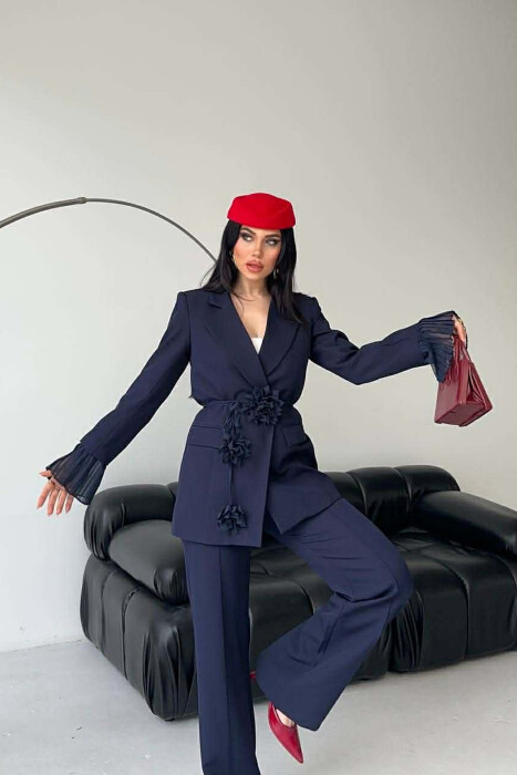FLOWERS DETAIL LACING JACKET + TROUSERS WOMAN SET BLUE/BLU - 10