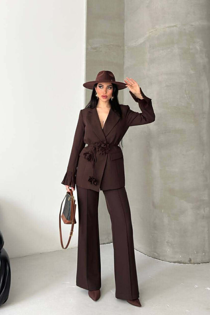 FLOWERS DETAIL LACING JACKET + TROUSERS WOMAN SET BROWN/KAFE - 1