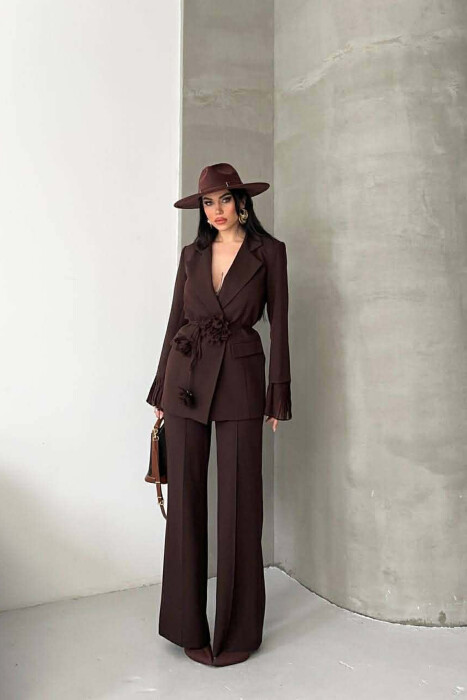 FLOWERS DETAIL LACING JACKET + TROUSERS WOMAN SET BROWN/KAFE - 2
