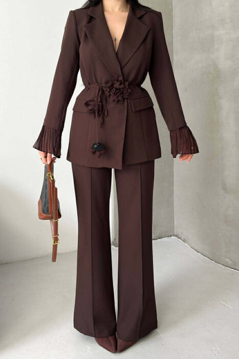 FLOWERS DETAIL LACING JACKET + TROUSERS WOMAN SET BROWN/KAFE - 6