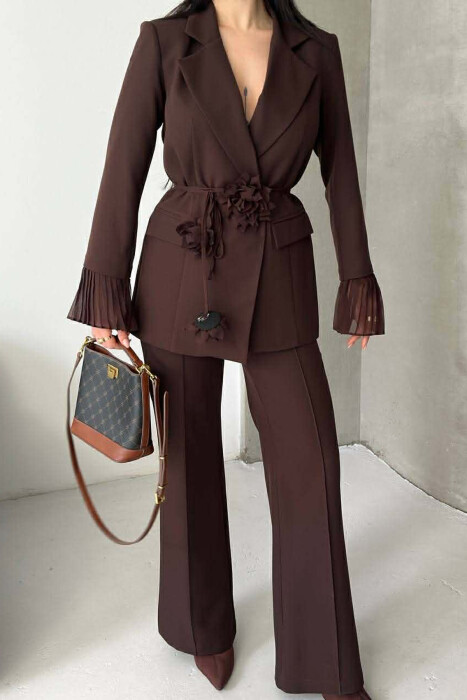 FLOWERS DETAIL LACING JACKET + TROUSERS WOMAN SET BROWN/KAFE - 8