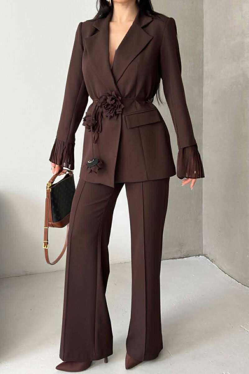 FLOWERS DETAIL LACING JACKET + TROUSERS WOMAN SET BROWN/KAFE - 9