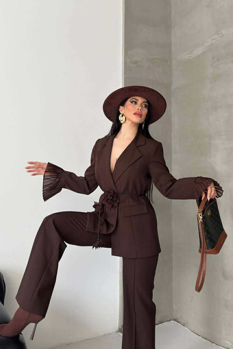 FLOWERS DETAIL LACING JACKET + TROUSERS WOMAN SET BROWN/KAFE - 10