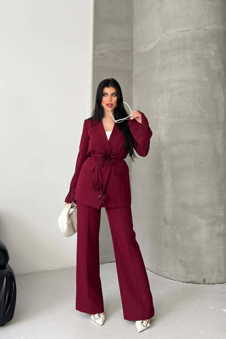 FLOWERS DETAIL LACING JACKET + TROUSERS WOMAN SET BURGUNDY/VISHNJE - KLAUDIO FASHION
