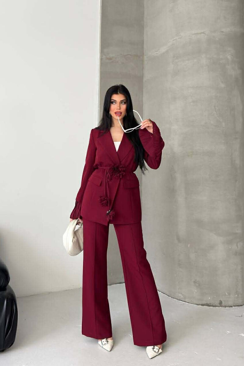 FLOWERS DETAIL LACING JACKET + TROUSERS WOMAN SET BURGUNDY/VISHNJE - 1