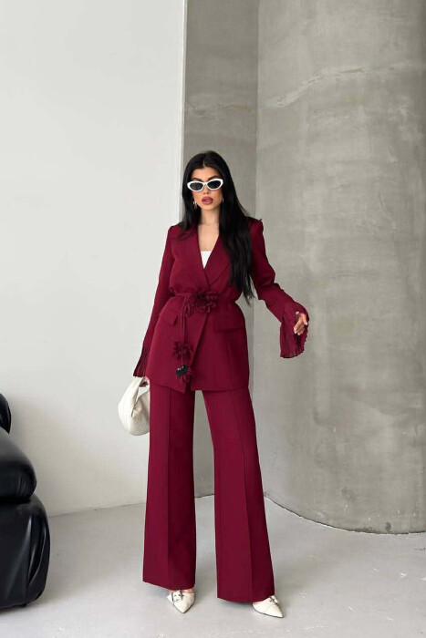 FLOWERS DETAIL LACING JACKET + TROUSERS WOMAN SET BURGUNDY/VISHNJE - 3