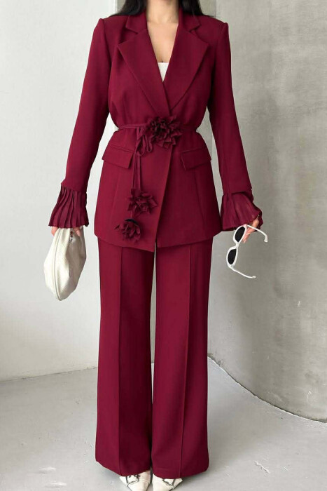 FLOWERS DETAIL LACING JACKET + TROUSERS WOMAN SET BURGUNDY/VISHNJE - 5