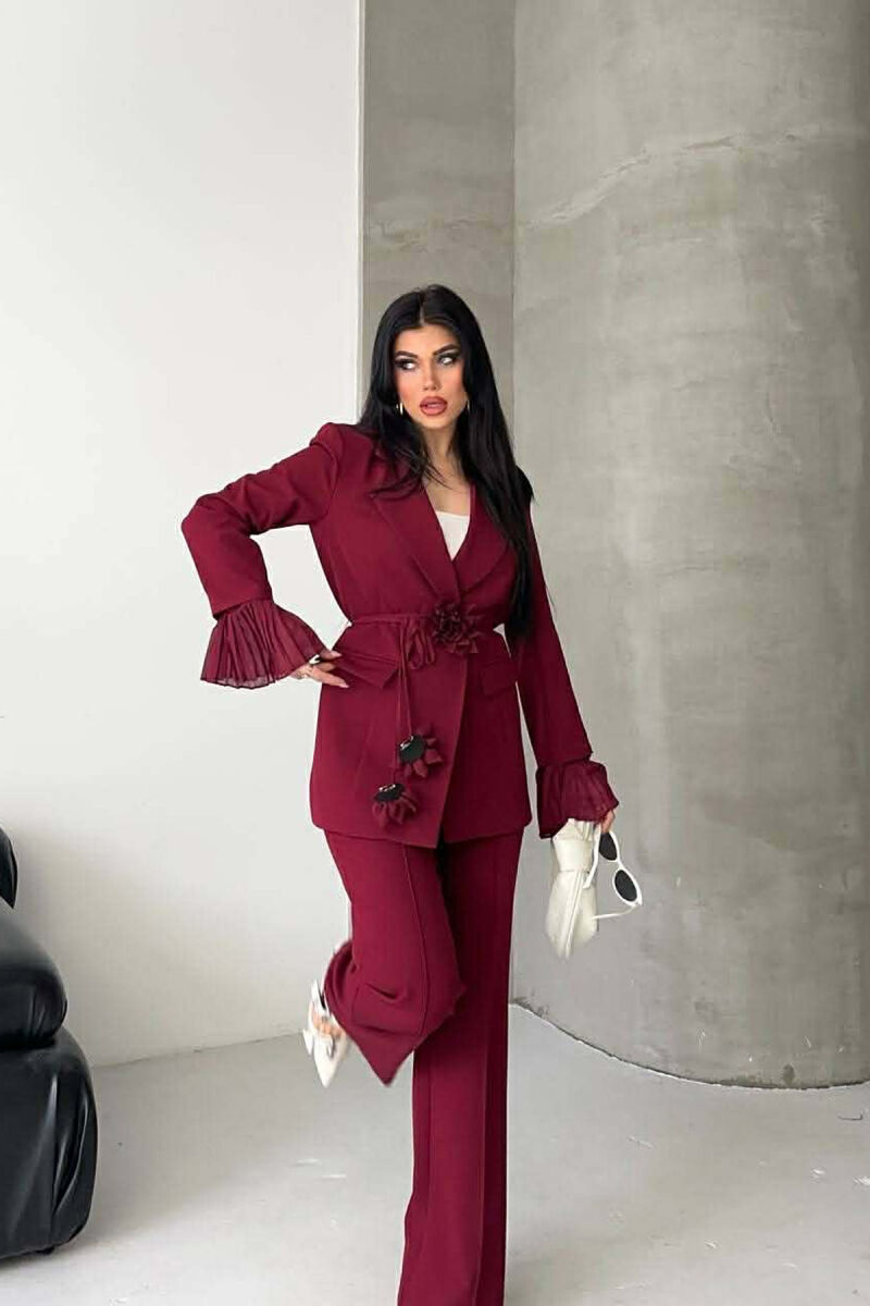 FLOWERS DETAIL LACING JACKET + TROUSERS WOMAN SET BURGUNDY/VISHNJE - 10