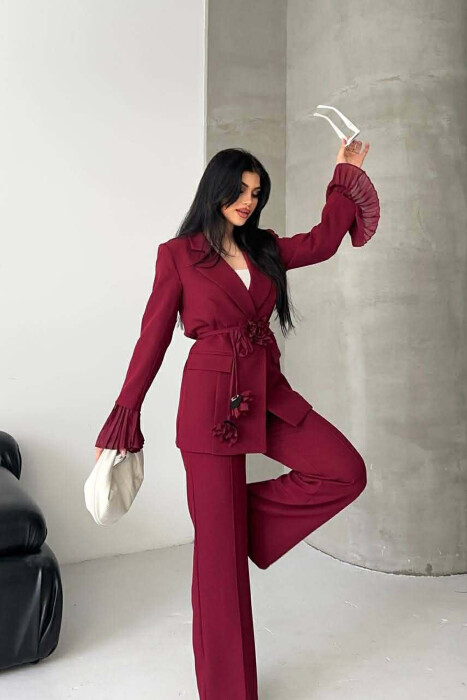 FLOWERS DETAIL LACING JACKET + TROUSERS WOMAN SET BURGUNDY/VISHNJE - 11