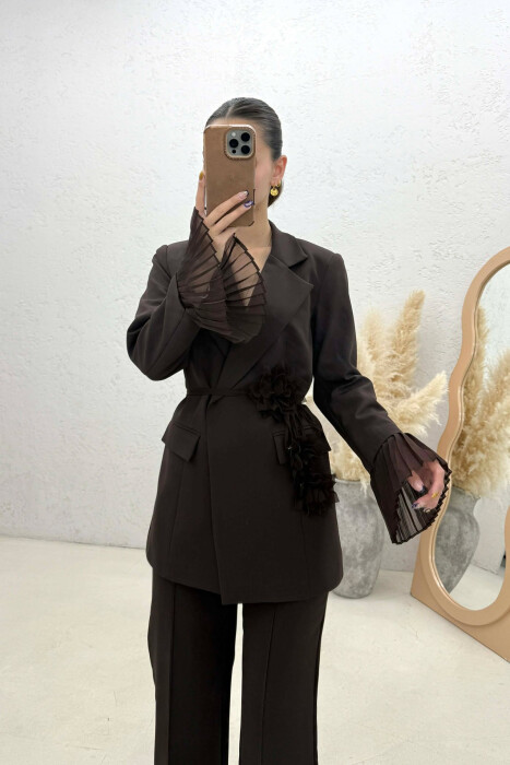 FLOWERS DETAIL LACING JACKET + TROUSERS WOMAN SET DARK BROWN/KAE - 4