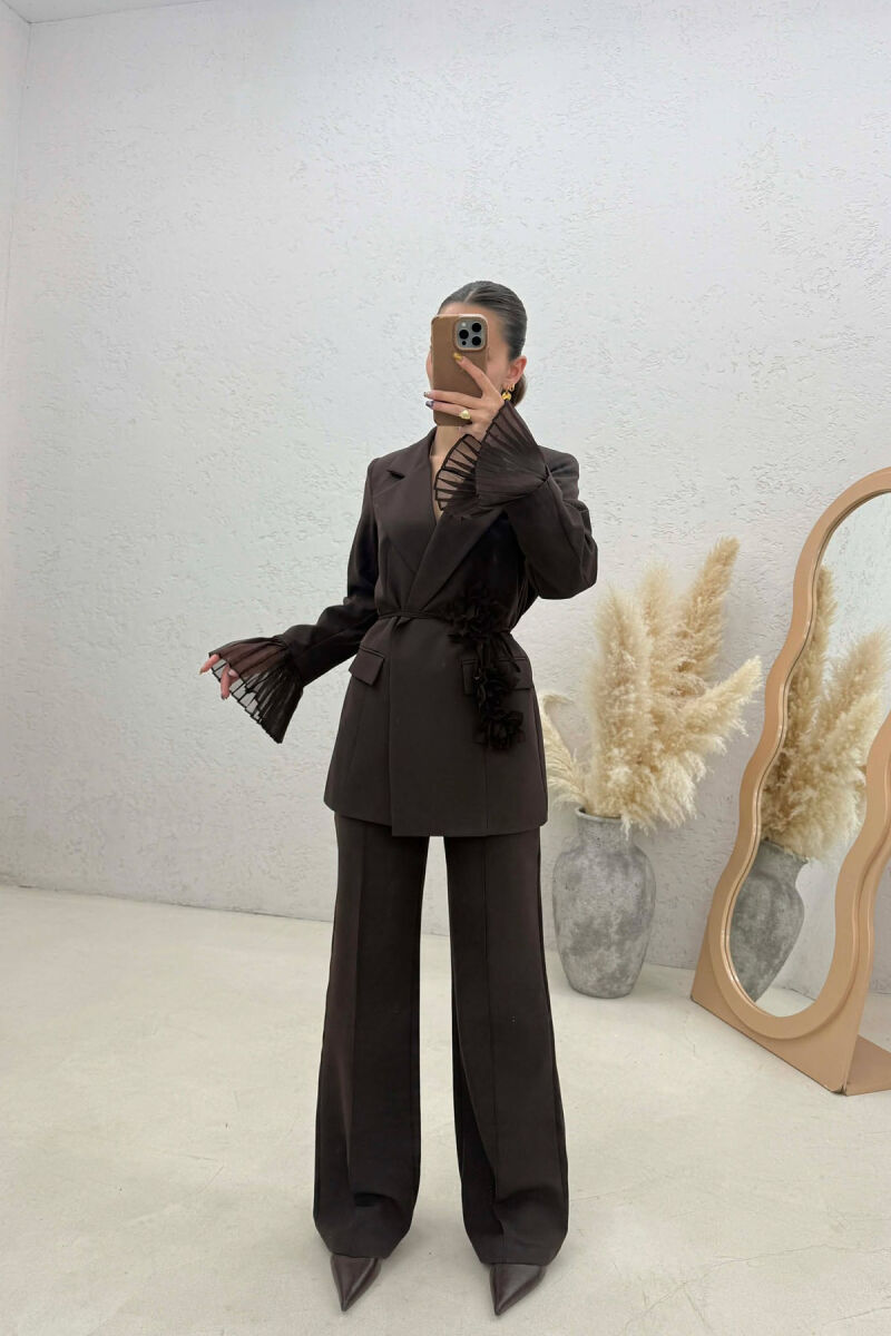 FLOWERS DETAIL LACING JACKET + TROUSERS WOMAN SET DARK BROWN/KAE - 5
