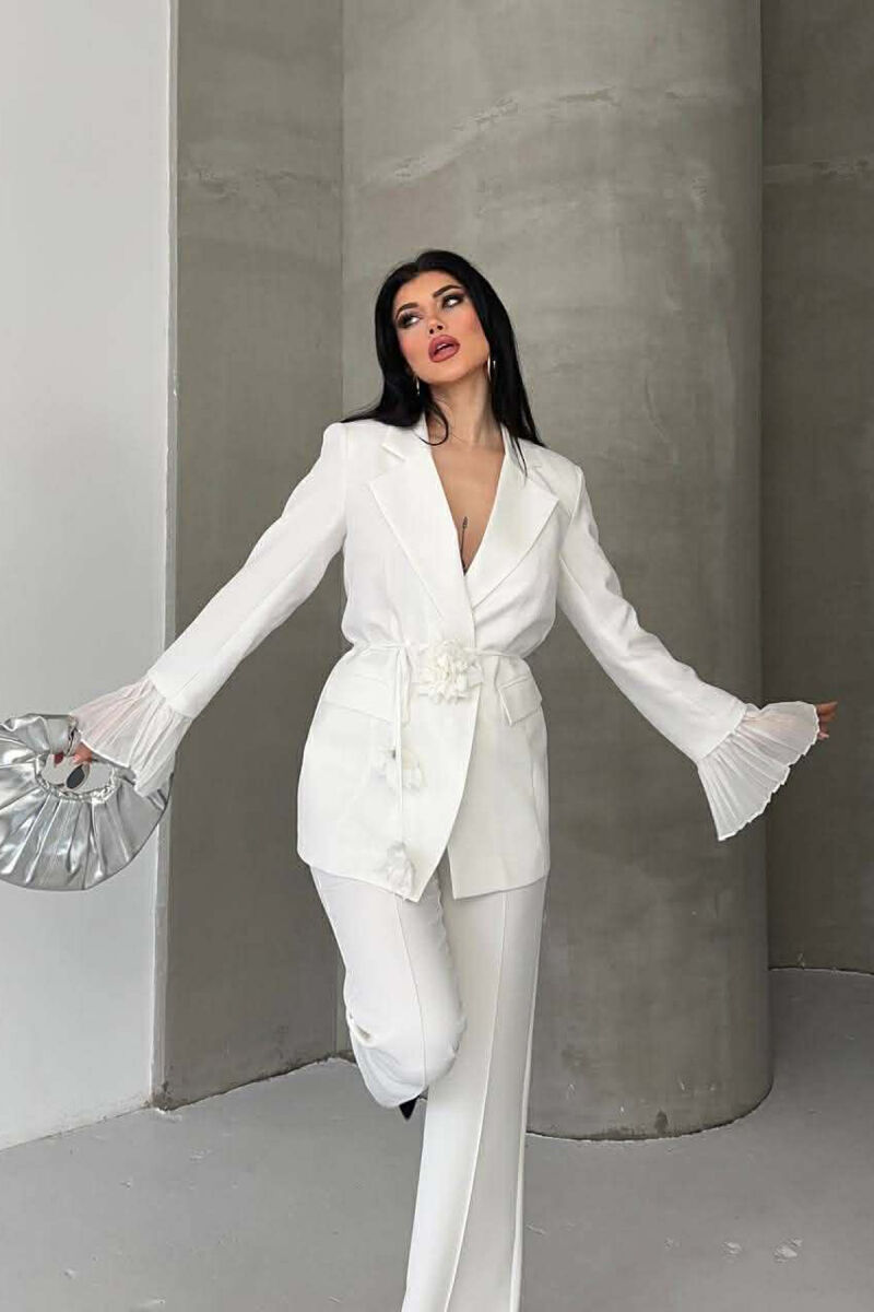 FLOWERS DETAIL LACING JACKET + TROUSERS WOMAN SET WHITE-E BARDHE - 2