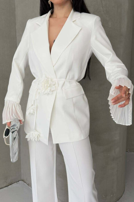 FLOWERS DETAIL LACING JACKET + TROUSERS WOMAN SET WHITE-E BARDHE - 7