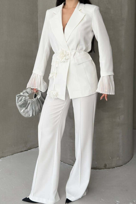 FLOWERS DETAIL LACING JACKET + TROUSERS WOMAN SET WHITE-E BARDHE - 8