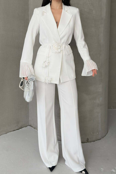 FLOWERS DETAIL LACING JACKET + TROUSERS WOMAN SET WHITE-E BARDHE - 9