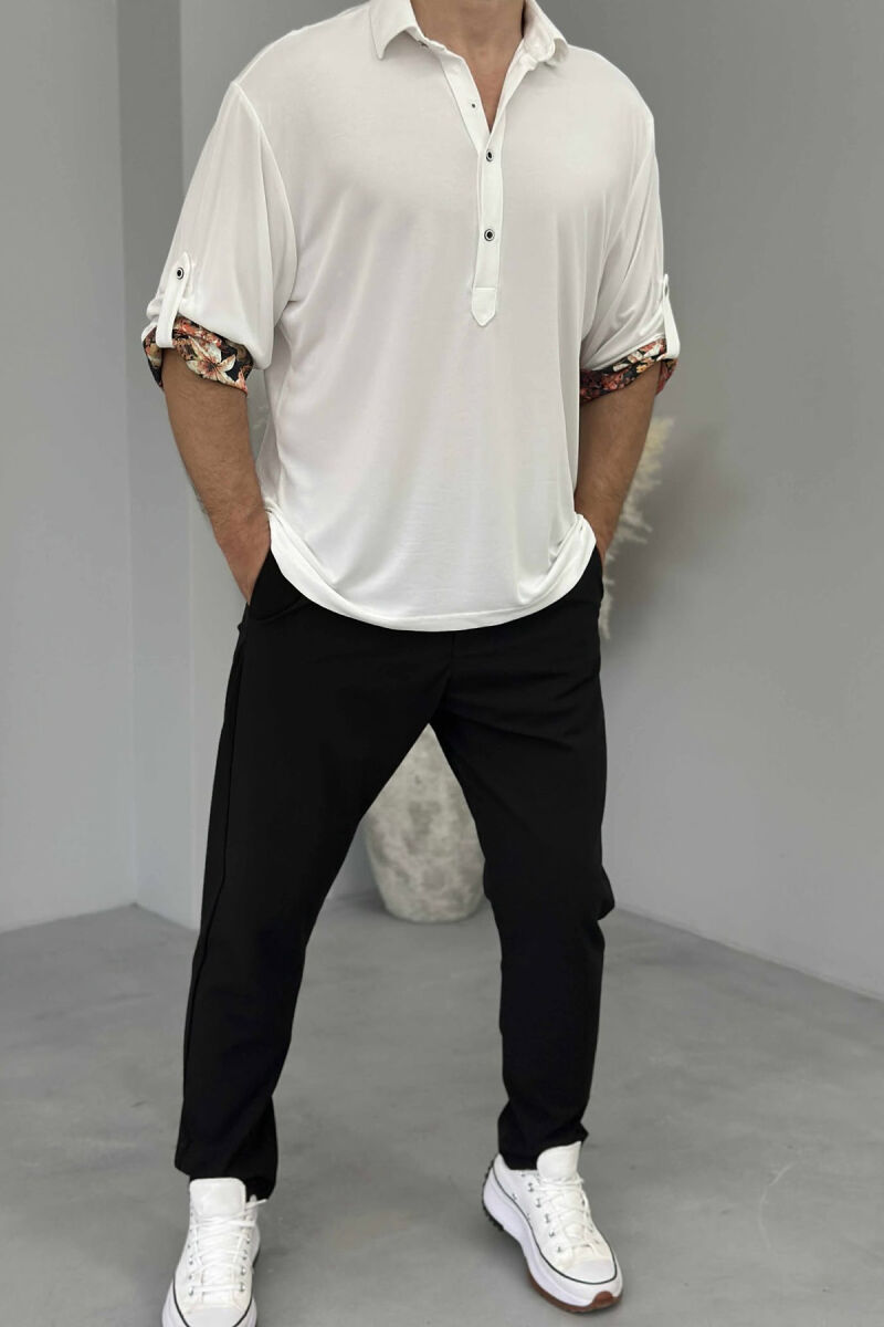 FLOWERS DETAIL ONE COLOR BUTTONED MEN T-SHIRT WHITE-E BARDHE - 1