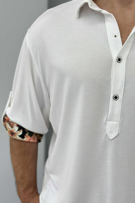 FLOWERS DETAIL ONE COLOR BUTTONED MEN T-SHIRT WHITE-E BARDHE - 2