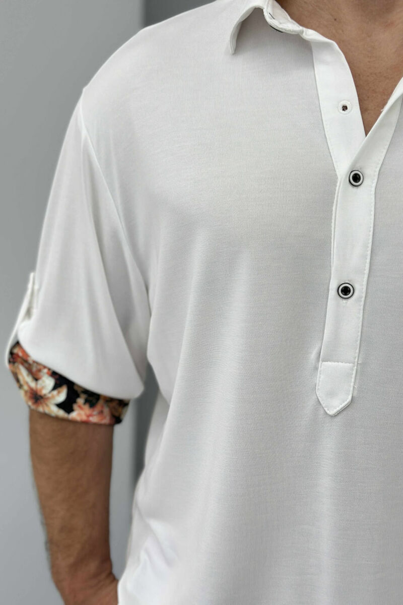 FLOWERS DETAIL ONE COLOR BUTTONED MEN T-SHIRT WHITE-E BARDHE - 2