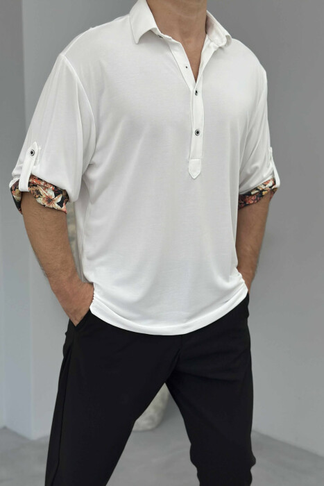 FLOWERS DETAIL ONE COLOR BUTTONED MEN T-SHIRT WHITE-E BARDHE - 4